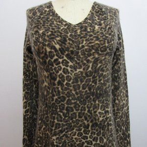 CASHMERE Leopard Spotted Pullover Knit Sweater V Cuddly Tan